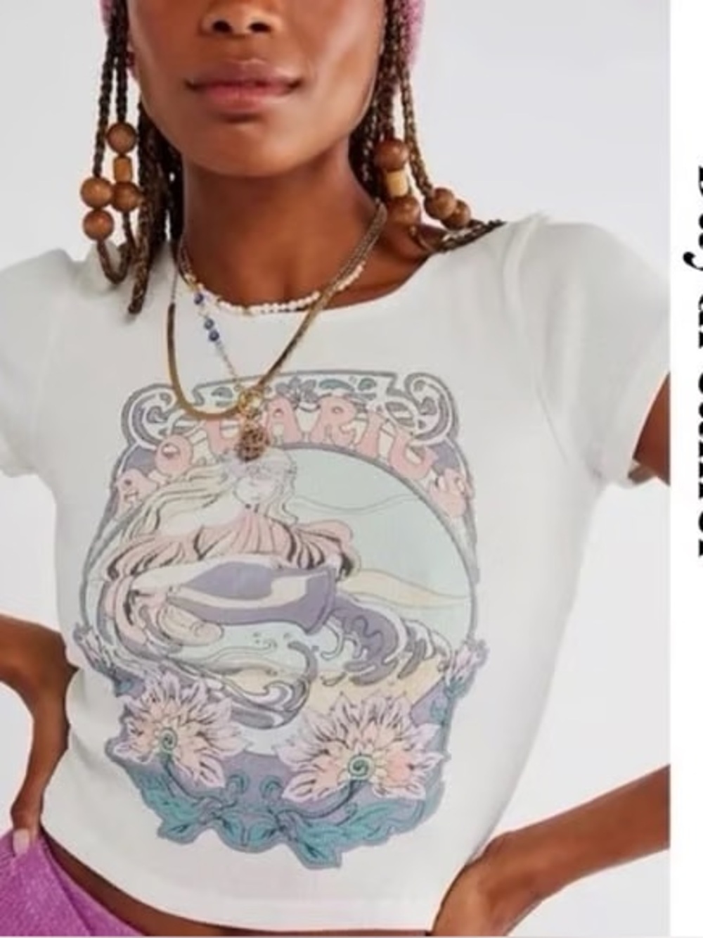 Free People White Crop Virgo Tee with Pastel Mermaid Graphic